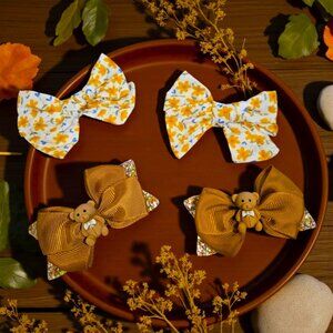 Fall Floral With Adorable Bears Hair Bow Set